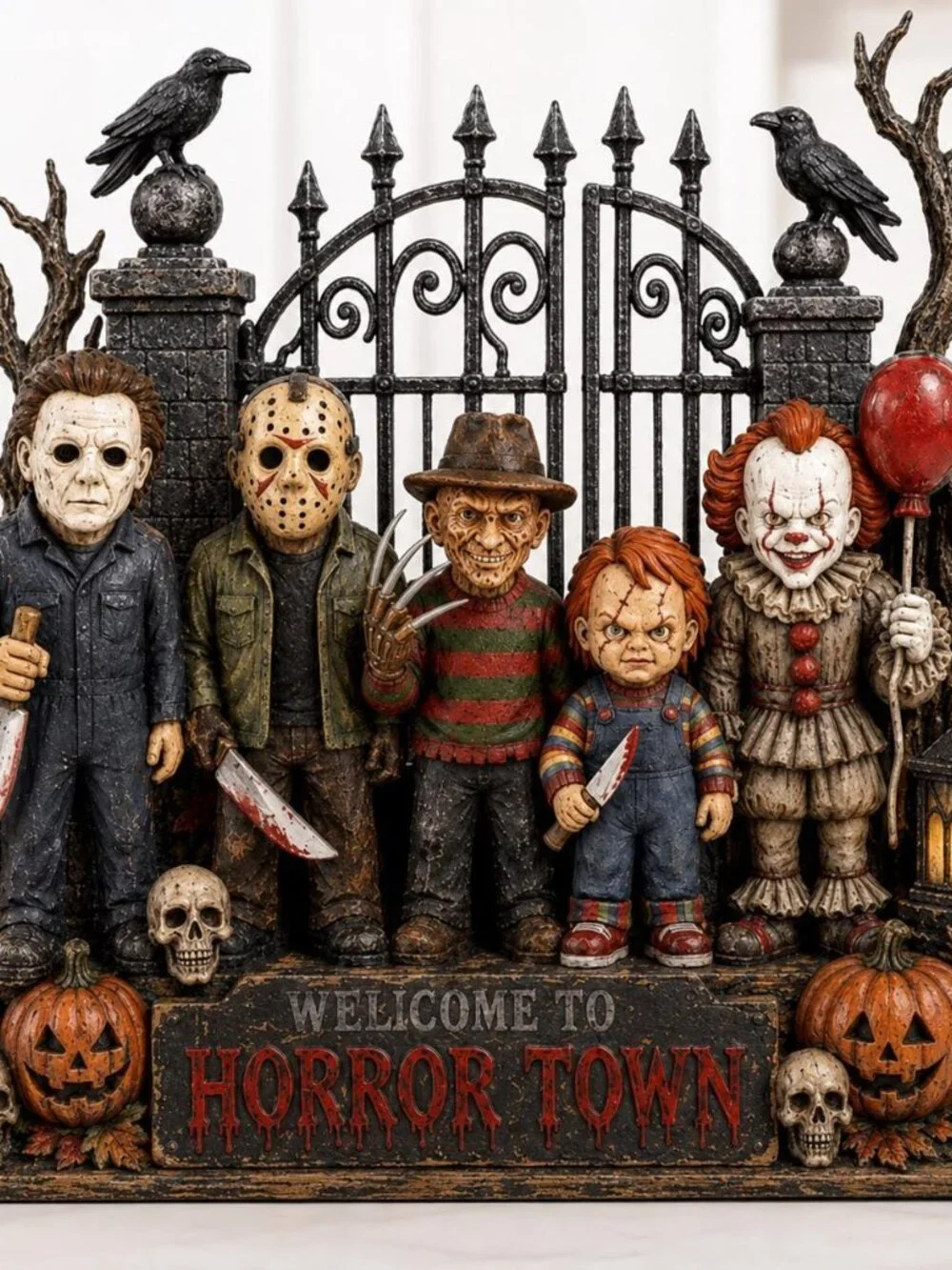 Wooden Halloween Horror Figurine, Creepy Masked Monsters, Gothic Tabletop Shelf